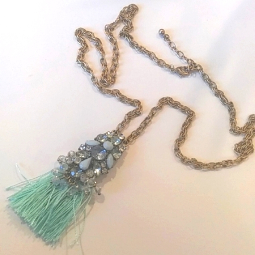 Sparkly Gem Aqua Silky Tassel Long Necklace | New